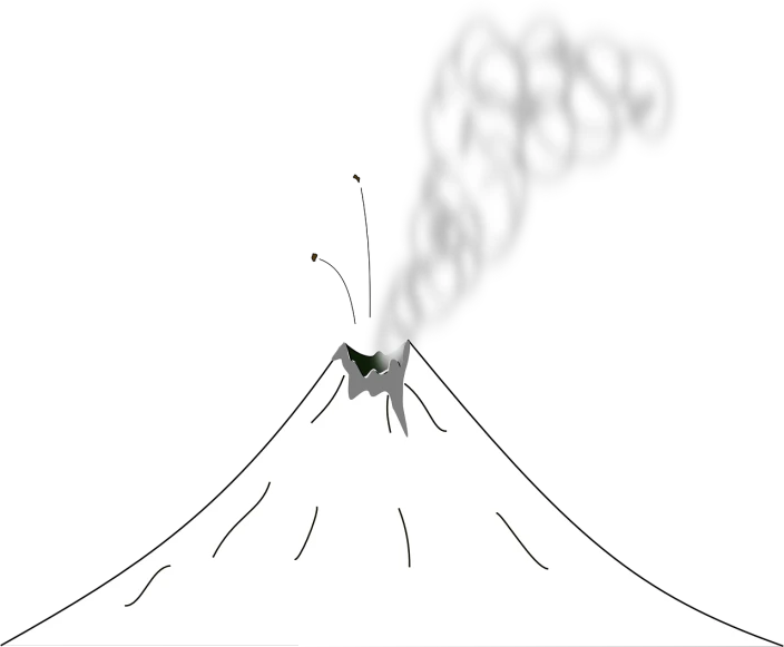 a black and white image of a mountain with smoke coming out of it, an illustration of, tumblr, mingei, drawn in microsoft paint, digitally colored, no gradients, the earth sprouts lava