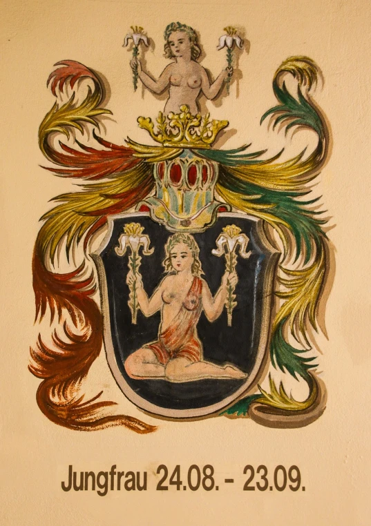 a painting of a woman sitting on top of a coat of arms, a gouache, by Jakob Häne, shutterstock, detailed arms, bangalore, colored sketch, on the walls