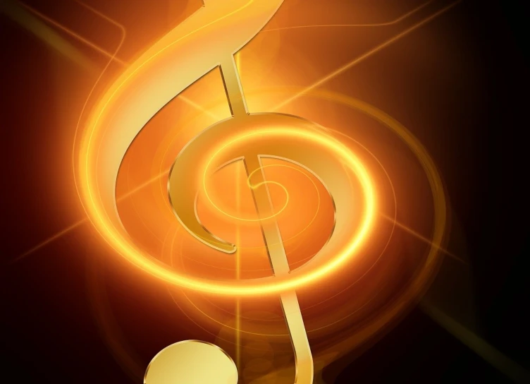 a golden musical note on a black background, a digital rendering, by Robert Medley, digital art, sacral chakra, closeup photo, yellow glowing background, mid shot photo