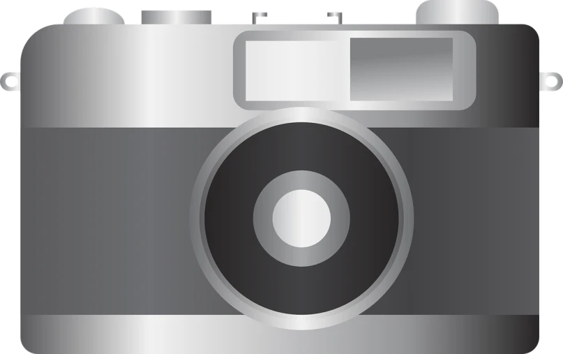 a silver camera on a black background, a black and white photo, sharp focus vector centered, digital art but photo, made with illustrator, high definition photo