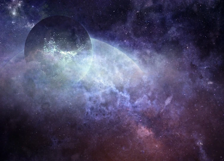 an image of a planet in the middle of a galaxy, a digital rendering, inspired by John Harris, science-fiction art wallpaper, ((space nebula background)), galactic megastructure, purplish space in background