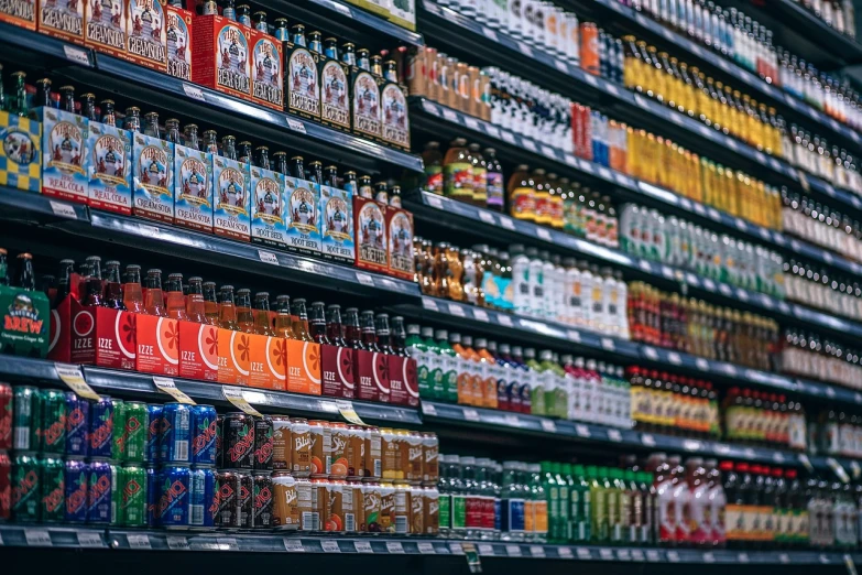 a store filled with lots of different types of beverages, a stock photo, by Jakob Gauermann, pexels, hyperrealism, looking from side, soda, the blessed aisles, body