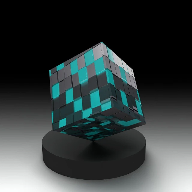 a blue and black cube sitting on top of a black base, a computer rendering, polycount, cubo-futurism, pixel mosaic, black and aqua colors, 3 d reflections, style of minecraft