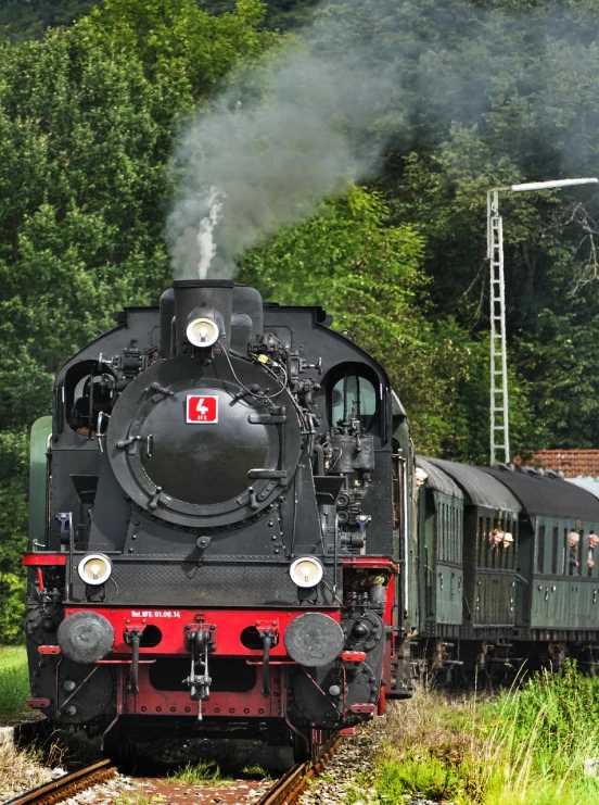 a train traveling down train tracks next to a forest, a portrait, by Jörg Immendorff, pixabay, brass and steam technology, summer day, festivals, leaving for battle