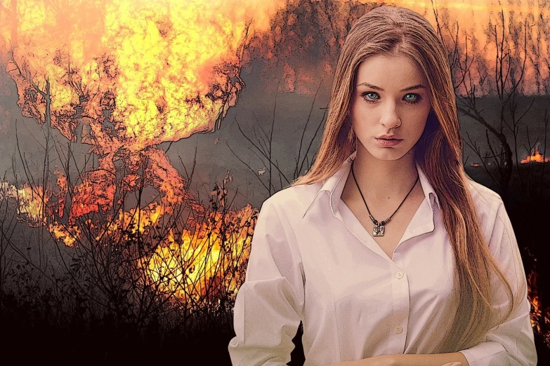 a beautiful young woman standing in front of a fire, tumblr, digital art, postapocalypse, edited in photoshop, clothed in white shirt, background image