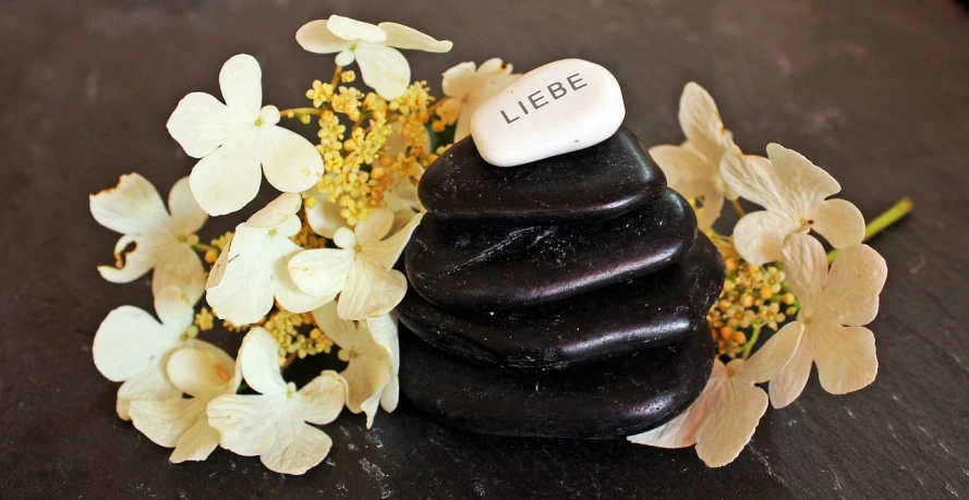 a stack of rocks sitting next to a bunch of flowers, a picture, by Lucebert, pixabay, figuration libre, lesbian, black marble, saying, heise jinyao