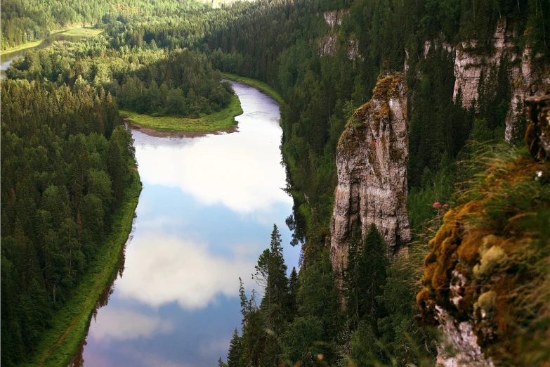 a river running through a lush green forest, by Alfons von Czibulka, flickr, looking down a cliff, taiga landscape, high quality reflections, west slav features