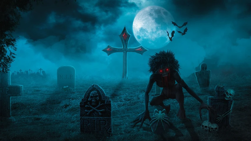 a creepy zombie in a graveyard with a full moon in the background, digital art, pixabay contest winner, gothic art, witch - doctor, bloody runes, dark tenebrous blue background, metal album cover art