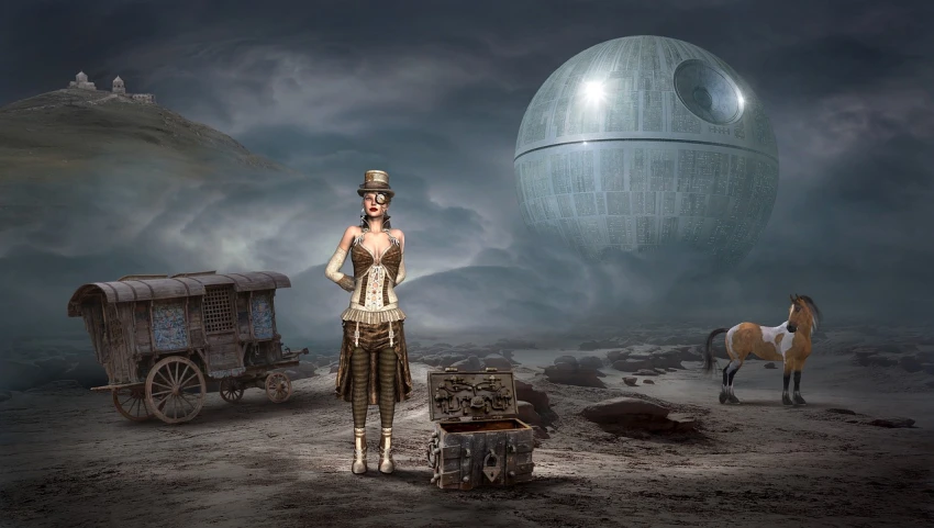 a woman that is standing in the dirt, a matte painting, by Johfra Bosschart, steampunk stormtrooper, death star, steampunk hot air balloon, woman and robot