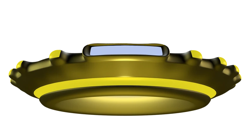 a close up of a yellow object on a black background, polycount, the ring is horizontal, car design, front profile!!!!, rounded ceiling