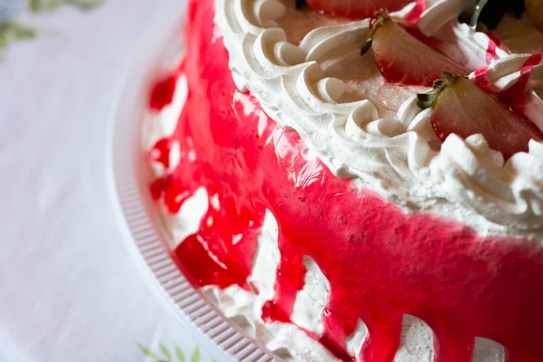a close up of a cake on a plate, by Etienne Delessert, cherry explosion, color”, whipped cream, jelly - like texture