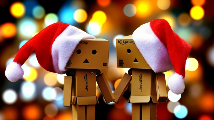 a couple of cardboard people standing next to each other, by Elaine Hamilton, pixabay, bokeh!!!!, amazon in the background, santa, robot hands