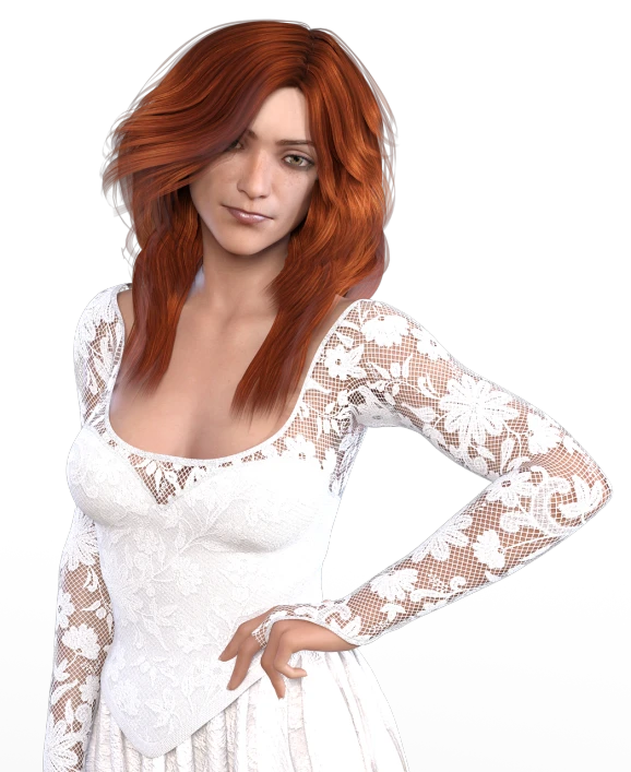a woman in a white dress posing for a picture, a 3D render, inspired by Constance Gordon-Cumming, trending on cg society, red hair and attractive features, close up half body shot, dressed in a lacy, casual pose