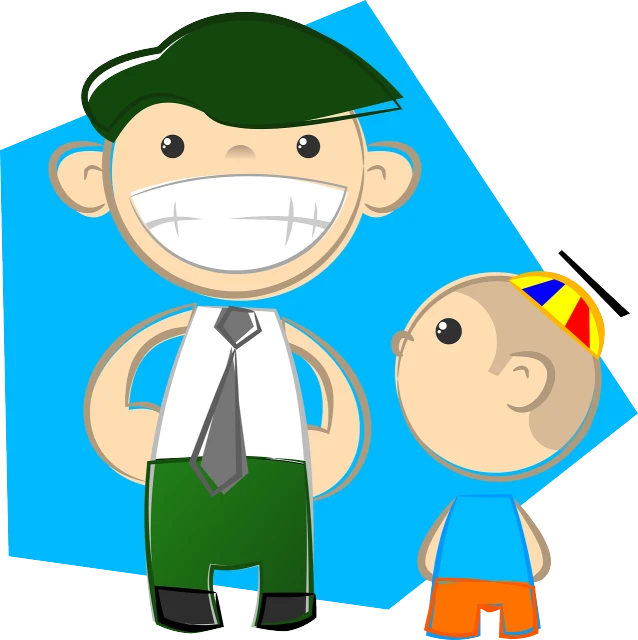 a man that is standing next to a little boy, a cartoon, neo-dada, mouth is simple and pleasant, worksafe. illustration, modern very sharp photo, wikihow illustration