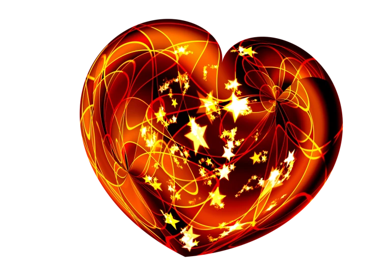 a glowing heart with stars on a black background, digital art, in the elemental plane of fire, strange attractor, happy!!!, motion photo