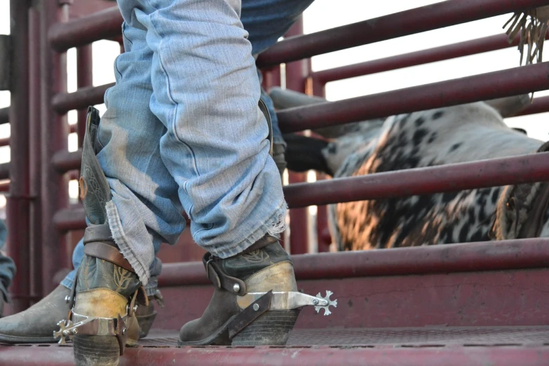 a close up of a person wearing cowboy boots, by Pamela Ascherson, in an arena pit, guardrail, harnesses, spots