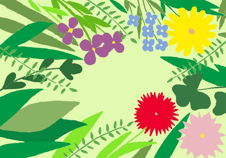 a picture of a bunch of flowers in a circle, a picture, sōsaku hanga, background jungle, summer color pattern, leaves in foreground, lush garden leaves and flowers