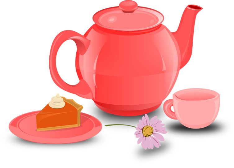 a piece of pie on a plate next to a teapot, a digital rendering, pixabay, naive art, on a flat color black background, teapots, pink and red colors, daisy