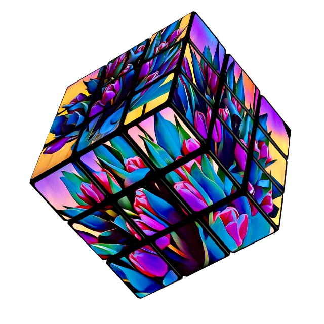 a close up of a rubik cube on a black background, a digital rendering, cubo-futurism, cube shaped irises, tulip, intricate 3 d illustration, lit from above
