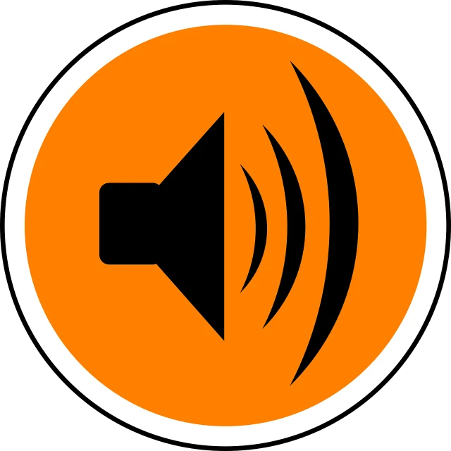 a speaker icon in an orange circle, mingei, noise to volume, istockphoto, with a black background, computer generated