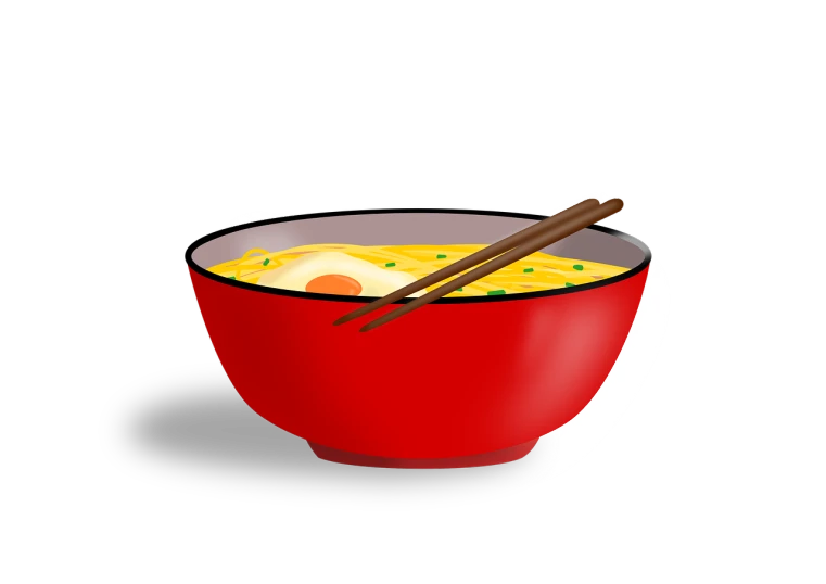 a bowl of noodles with chopsticks in it, a digital rendering, inspired by Masamitsu Ōta, pixabay, sōsaku hanga, on a flat color black background, yellow and red, eggs, good soup