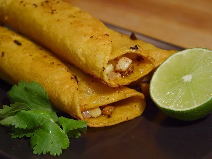 a couple of tacos sitting on top of a black plate, pixabay, dada, cone, beans, including a long tail, closeup photo