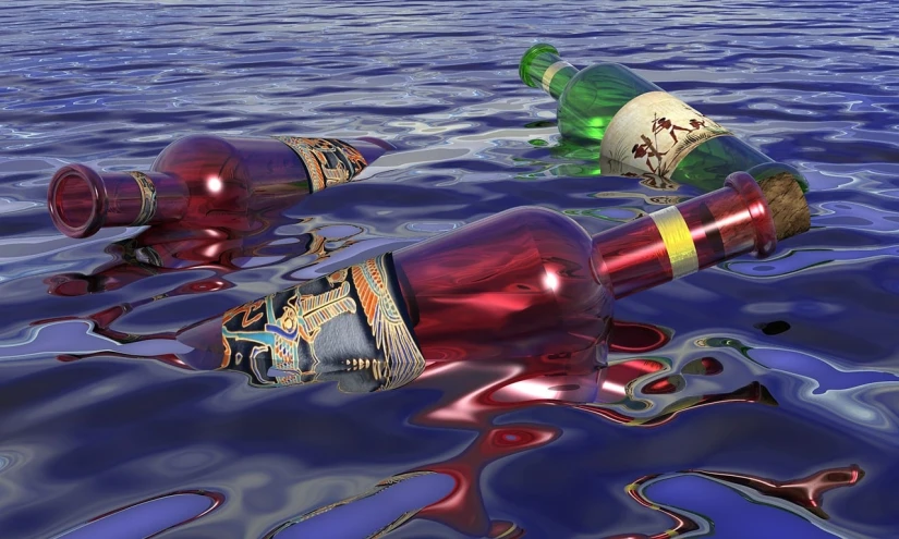 a couple of bottles floating on top of a body of water, a raytraced image, by Jon Coffelt, conceptual art, wrecked, wine, istockphoto, carnival