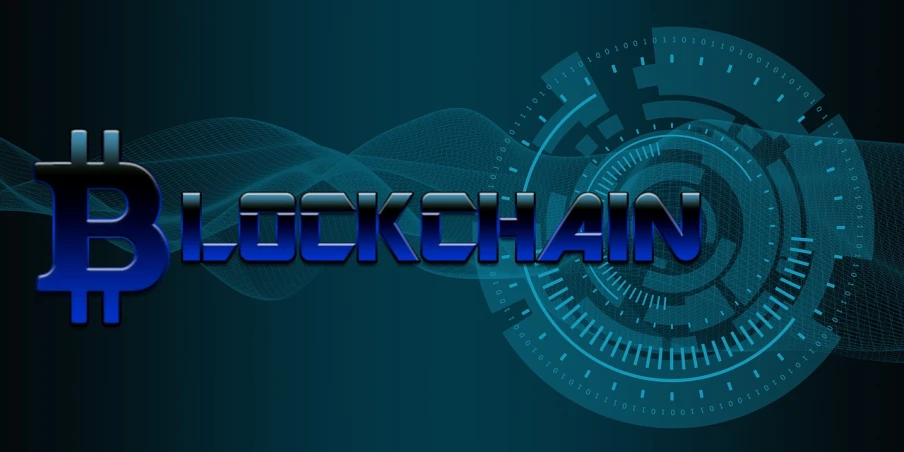 the word blockchain on a blue background, a digital rendering, by Anna Katharina Block, shutterstock, chains and red fluid background, splash screen art, on black background, hawaii