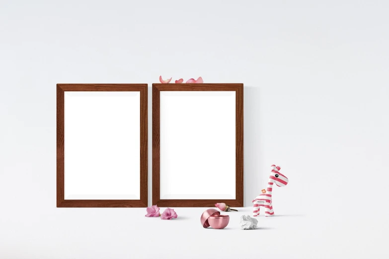 a couple of mirrors sitting on top of a white wall, a picture, conceptual art, toys, background image, wooden frame, chocolate