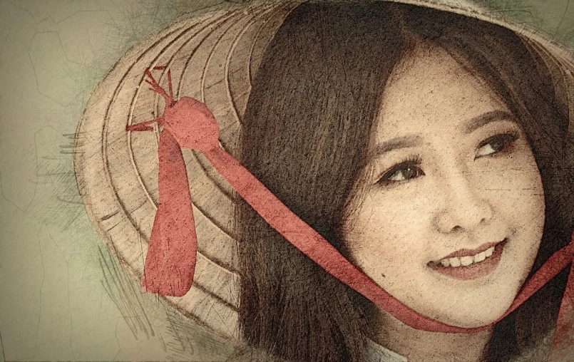 a close up of a person wearing a hat, a colorized photo, inspired by Sim Sa-jeong, digital art, girl venizian era, highly detailed photo of happy, iu, sepia