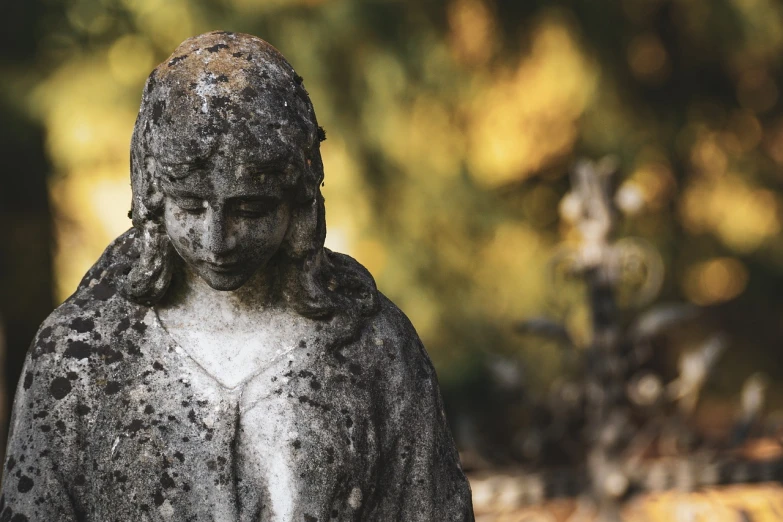 a close up of a statue of a woman, a statue, by Jesper Knudsen, pixabay, in the middle of a graveyard, ashes seem to be alive, during autumn, post processed denoised