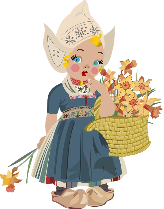 a little girl with a basket of flowers, a digital rendering, inspired by Mary Blair, naive art, 17th century dutch attire, vector behance hd jesper ejsing, kewpie, abcdefghijklmnopqrstuvwxyz