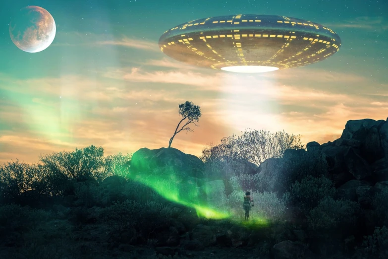 a man standing in front of a flying saucer, a hologram, by Wayne England, shutterstock, surrealism, alien forest, toxic glowing smog in the sky, 2 0 2 2 photo, abduction