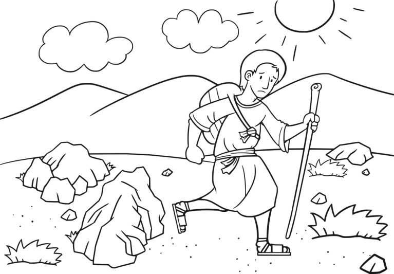 a black and white drawing of a man with a stick, lineart, sots art, on a dark rock background, animatic, bible illustration, trecking