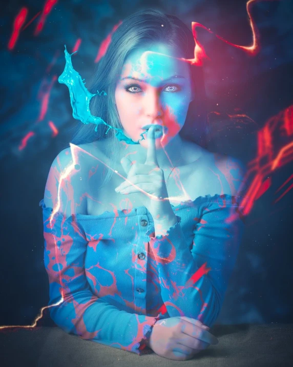 a woman with blue paint on her face, digital art, holography, she is attracting lightnings, emitting evil red aura, smoke from mouth, high quality fantasy stock photo