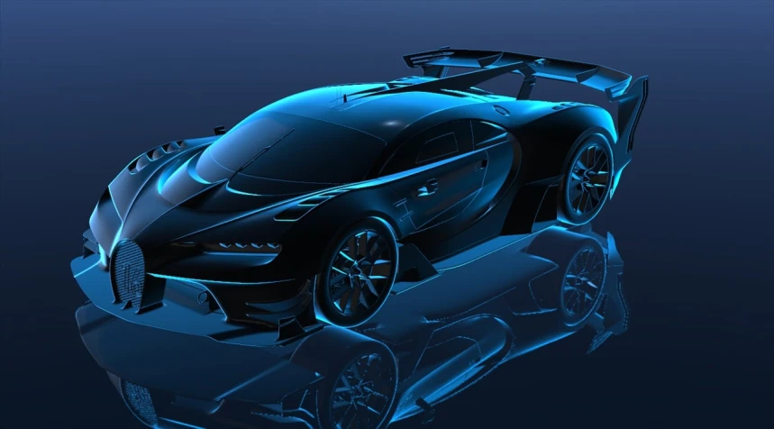 a close up of a car on a reflective surface, a 3D render, by Andrei Kolkoutine, trending on polycount, digital art, chiron, black and cyan color scheme, vertical wallpaper, transparent black windshield