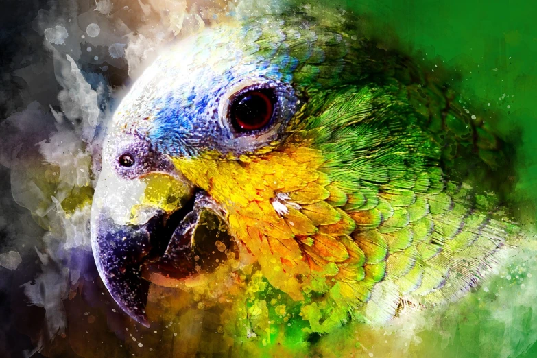 a painting of a parrot with its mouth open, a digital painting, art photography, beautiful art uhd 4 k, mottled coloring, green and yellow colors, closeup portrait