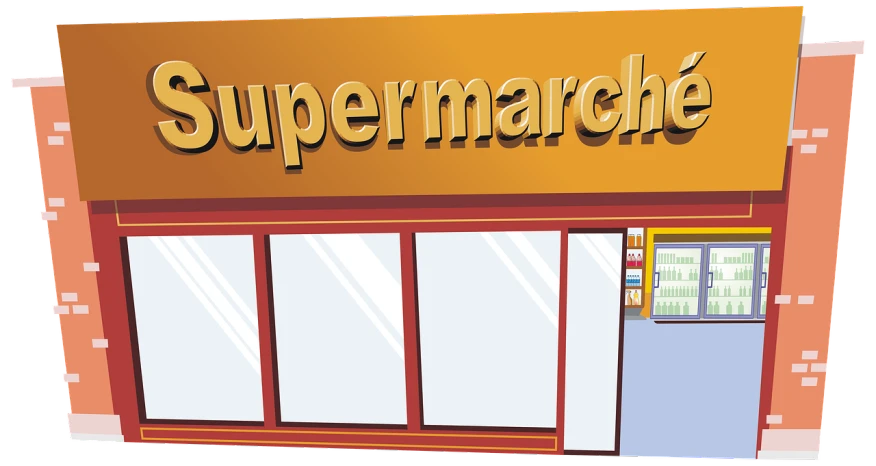 a supermarket with a sign that says supermarche, a digital rendering, inspired by Luigi Kasimir, shutterstock, superflat, archie comic style, superbowl, cut-scene, svg comic style