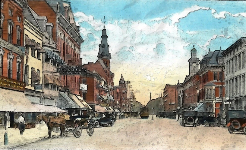 a painting of a city street with a horse drawn carriage, a colorized photo, inspired by Harvey Dunn, shutterstock, new hampshire, weathered drawing, impasto, on a sunny day