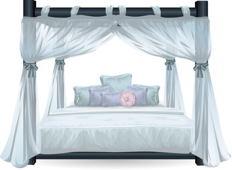 a bed with a canopy and pillows on it, an illustration of, romanticism, blueish, high class, transparent backround, blue and black color scheme))