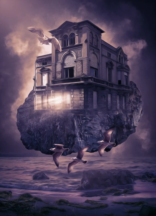 a house on a rock in the middle of the ocean, inspired by Anna Füssli, cg society contest winner, surrealism, spooky mansion, portrait shot, flying souls, stylized urban fantasy artwork