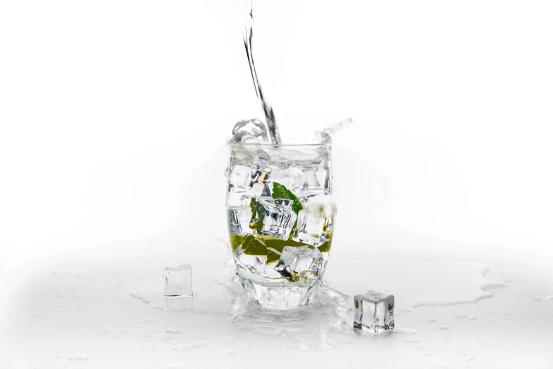 a glass filled with water and ice cubes, by Jan Kupecký, pexels, photorealism, 'white background'!!!, green water, entertaining, realistic scene