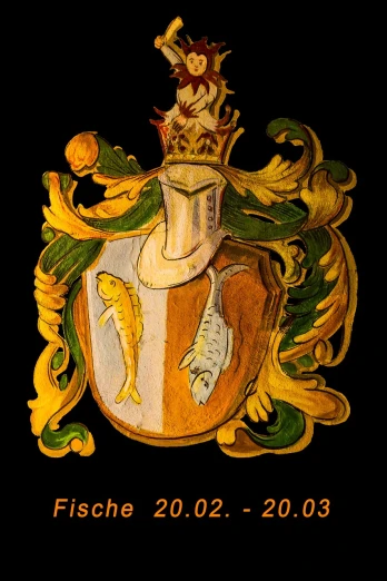 a picture of a coat of arms on a black background, a detailed painting, by Karel Štěch, shutterstock, fisherman, old color photo, handpainted, high details photo