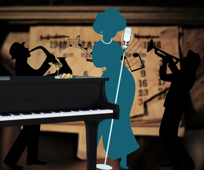 a woman in a blue dress standing next to a piano, concept art, trending on pixabay, harlem renaissance, 3 jazz musicians, stylized silhouette, speakeasy bar background, band playing instruments