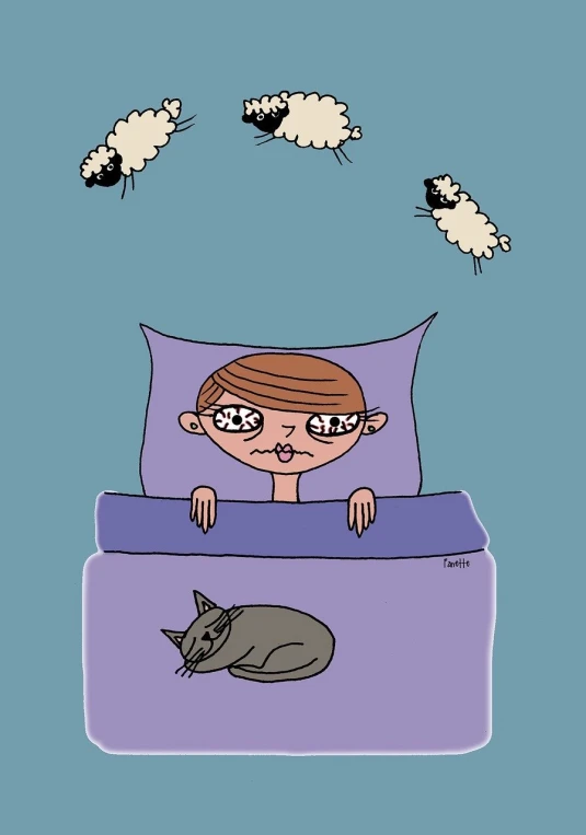 a little boy laying in bed next to a cat, a cartoon, by Zsuzsa Máthé, dreaming of electric sheep, funny weird illustration, swarming with insects, cloud with eye