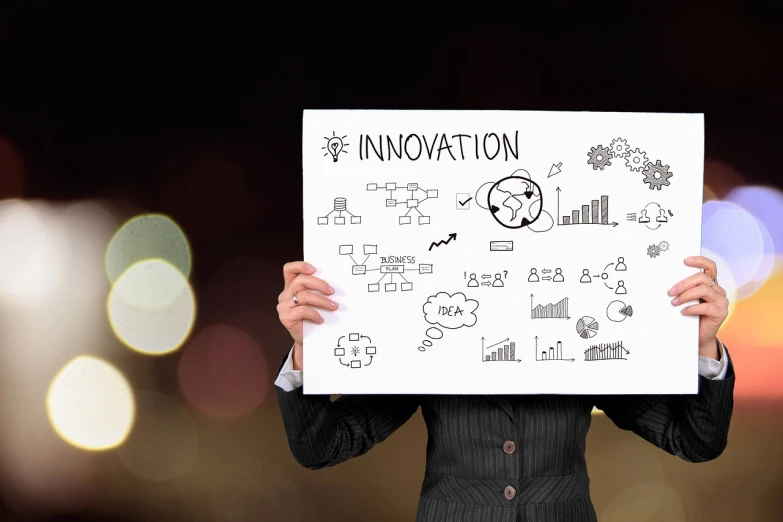 a person holding a sign that says innovation, a picture, listing image, cone, plan, istockphoto