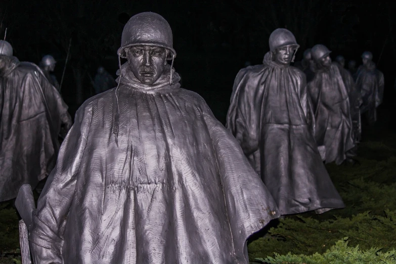 a group of statues that are standing in the grass, a statue, korean war, midnight, up close image, dark grey robes