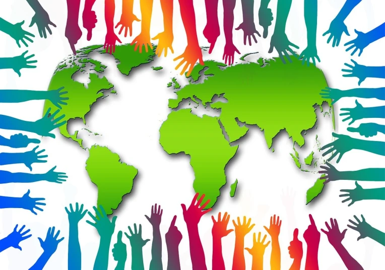 a group of multicolored hands surrounding a world map, trending on pixabay, conceptual art, green colored skin, borders, profile pic, advertising photo