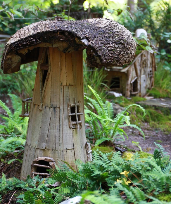 a mushroom house in the middle of a forest, a portrait, by Albert Swinden, flickr, natural mini gardens, bamboo huts, 6 0 0 mm, armor made of bark