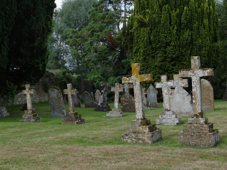 a group of tombstones sitting on top of a grass covered field, by Richard Carline, buttresses, well preserved, float, july 2 0 1 1